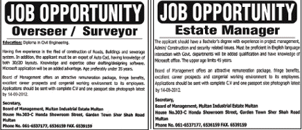 Estate Manager and Surveyor Required by Multan Industrial Estates