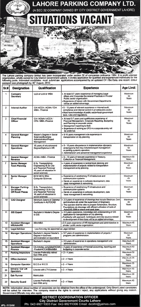 Lahore Parking Company Limited Requires Management, Finance, IT and Office Support Staff (Government job)