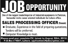 Sales Processing Officers Required