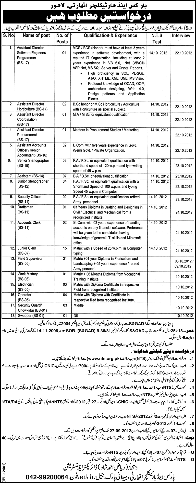 Parks and Horticulture Authority Lahore Requires Staff (Government Job)