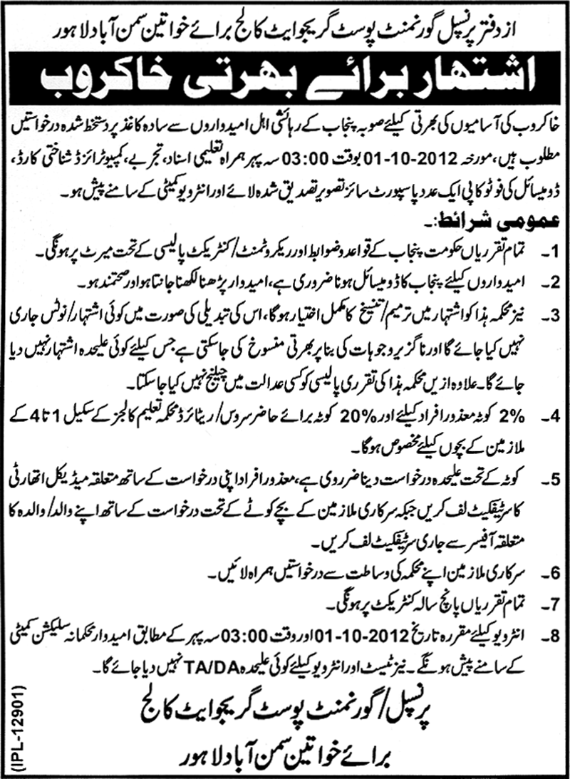 Khakrob Required at Government Post Graduate College for Women (Government Job)