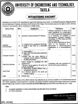 UET Taxila Requires Admin and Clerical Staff (Government Job)