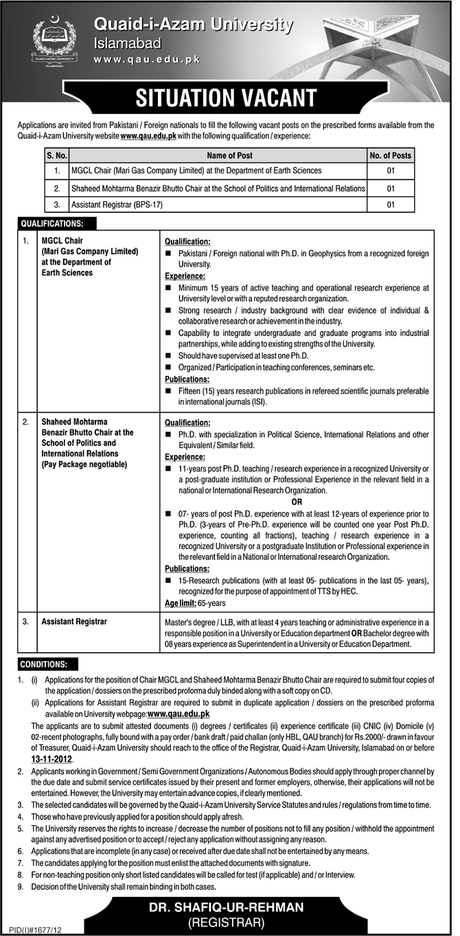 Jobs in Quaid-i-Azam University