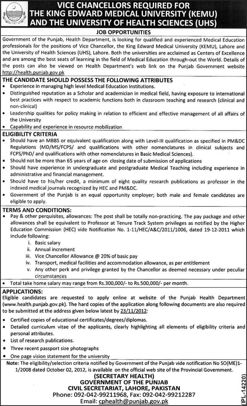 Vice Chancellors Required for The King Edward Medical University and University of Health Sciences