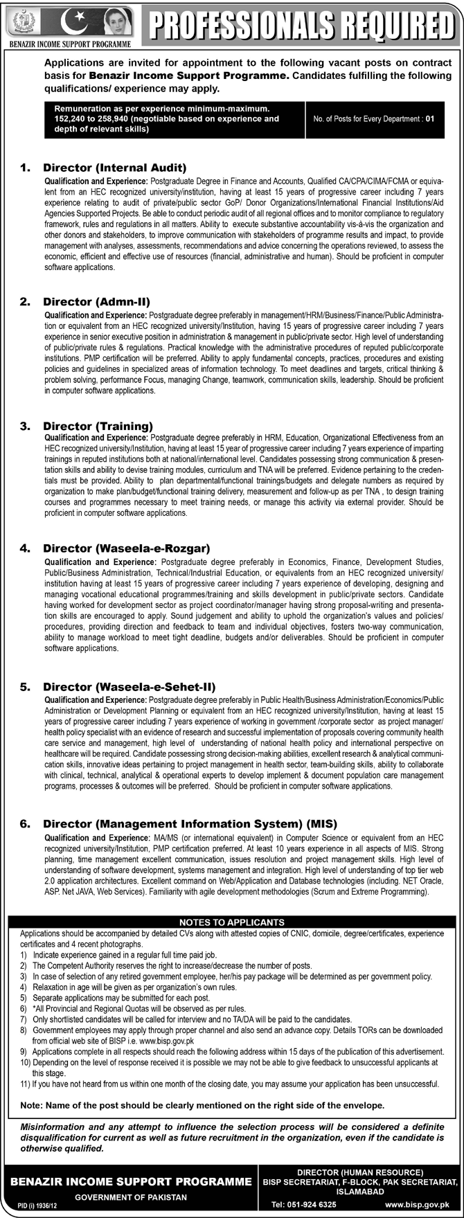 Directors Jobs in Benazir Income Support Programme (BISP)