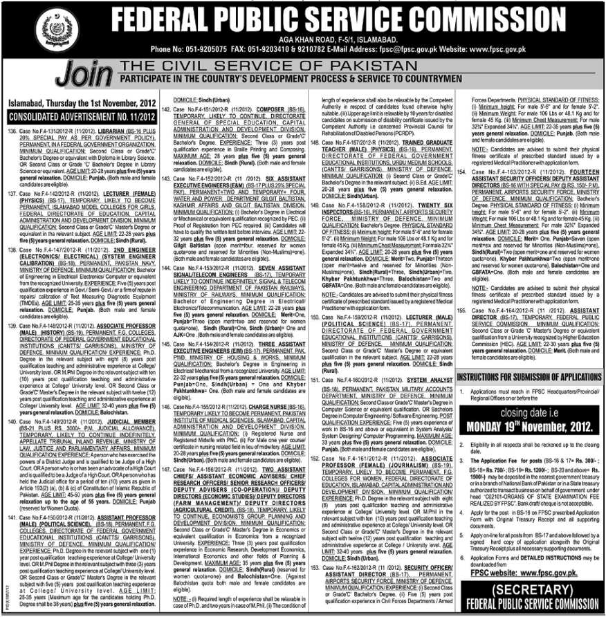 Jobs in FPSC (Federal Public Service Commission) 2012