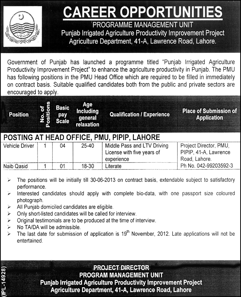 PMU PIPIP Agriculture Department Government of Punjab Jobs