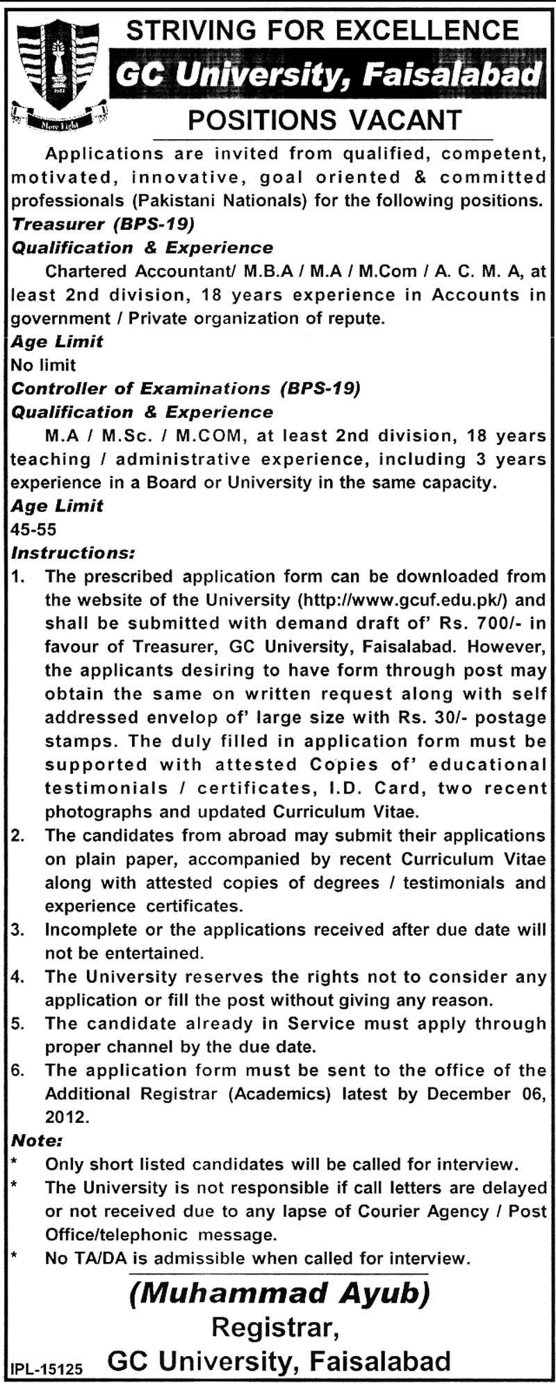 GC University Faisalabad Requires Treasurer & Controller of Examinations