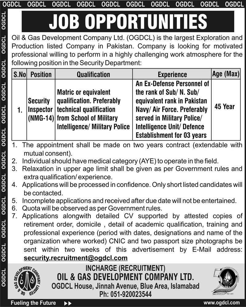 Oil & Gas Development Company Limited Pakistan Security Inspector Job Opportunity