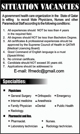 Vacancies for Medical Doctors, Nurses & Other Staff in State of Qatar