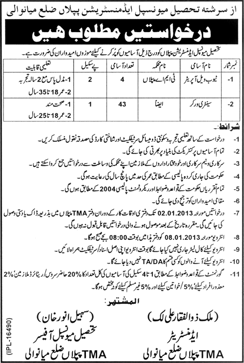 TMA Piplan District Mianwali Jobs 2012 for Tube Well Operators & Sanitary Workers