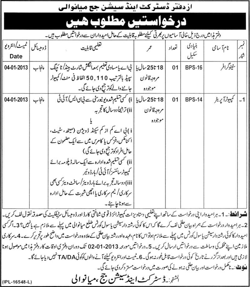 Office of District & Session Judge Mianwali Requires Stenographer & Computer Operator