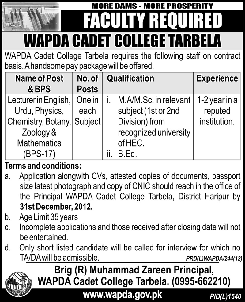 WAPDA Cadet College Tarbela Jobs 2012 for Faculty