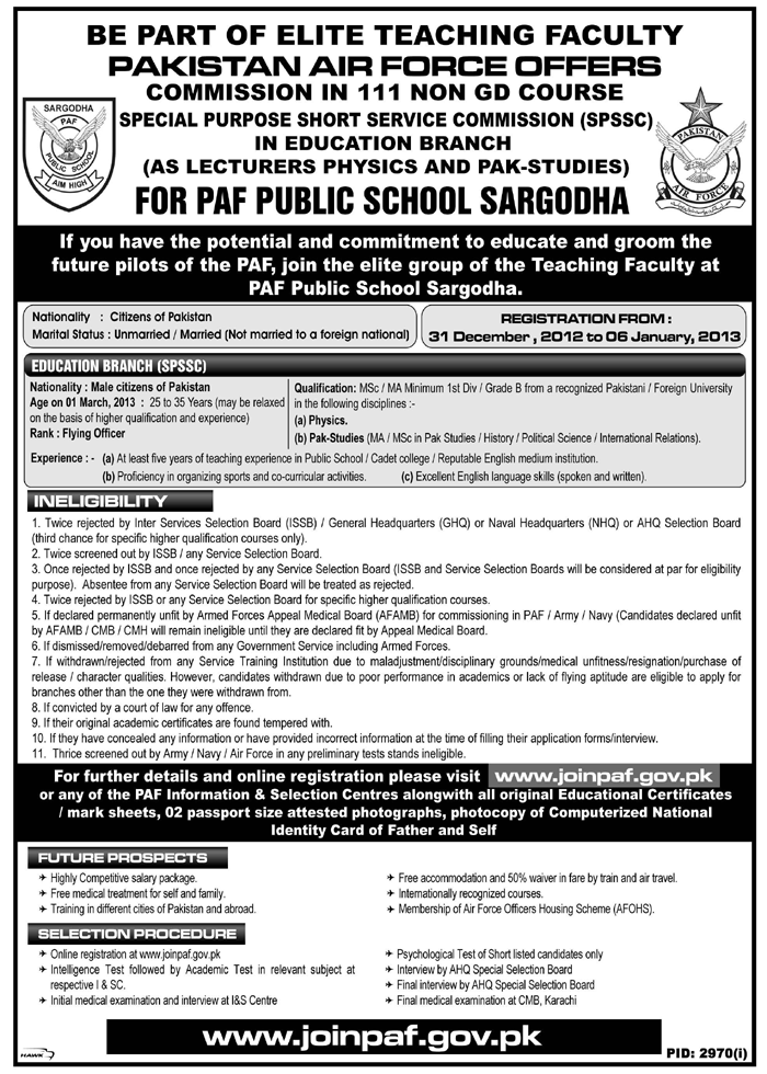 PAF Jobs 2013 Registration for Lecturers as Commissioned Officers in Education Branch