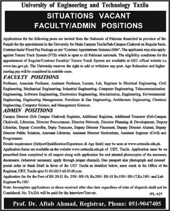 UET Taxila Jobs 2013 Latest for Faculty & Administration