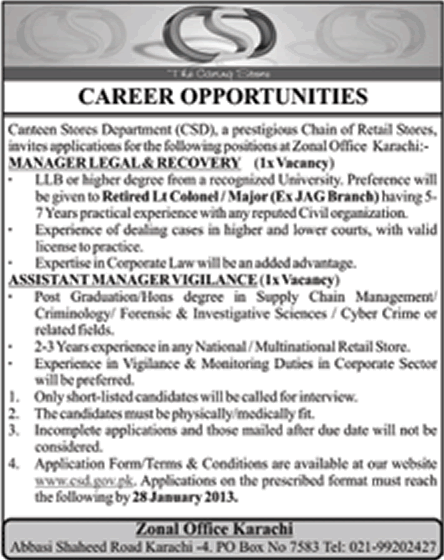 Canteen Stores Department (CSD) Jobs 2013 for Manager & Assistant Manager