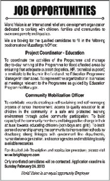 World Vision Pakistan Jobs 2013 for Project Coordinator (Education) & Community Mobilization Officer