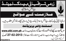 Career Opportunity at Zarai Taraqiati Bank Limited 2013 for Assistant Vice President