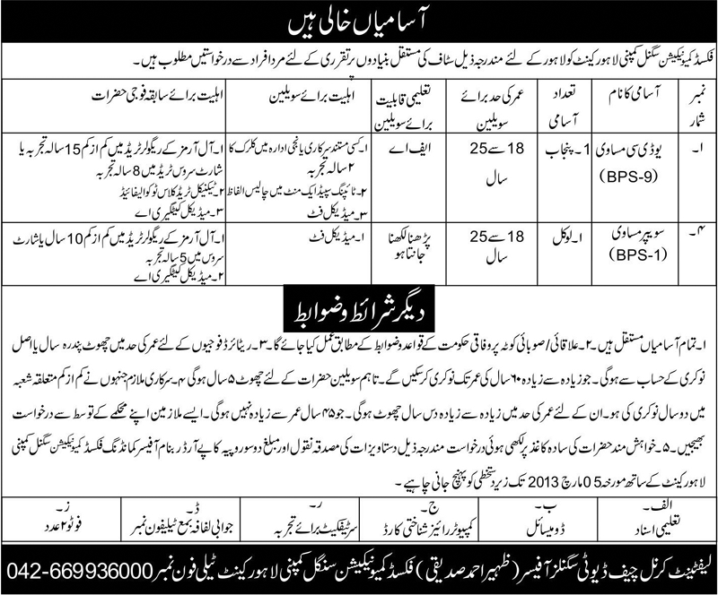 UDC Clerk & Sweeper Vacancies in Lahore 2013 at Fixed Communication Signal Company