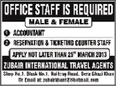 Accountant & Reservation / Ticketing Staff Jobs in Dera Ghazi Khan 2013 at Zubair International Travel Agents