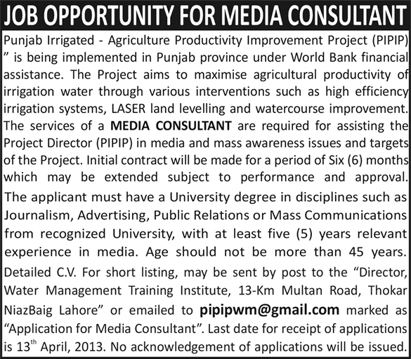 Media Consultant Job in Government Sector 2013 for PIPIP Project