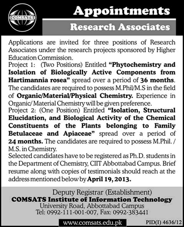 COMSATS CIIT Abbottabad Jobs 2013 Research Associates in Organic/Material/Physical Chemistry