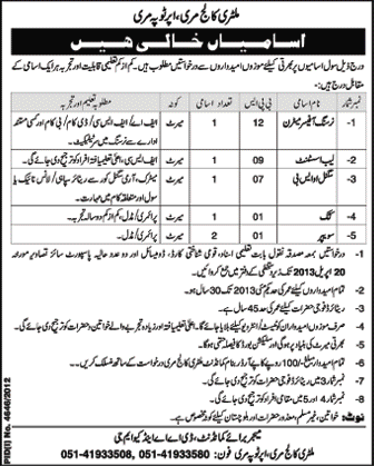 Jobs in Military College Murree April 2013 Nursing Officer Matron, Lab Assistant, Signal OSB, Cook, Sweeper