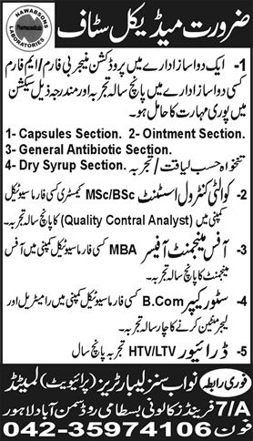 Jobs for Pharmaceutical Production Manager, Quality Control & Others in Lahore2013 at Nawabsons Laboratories