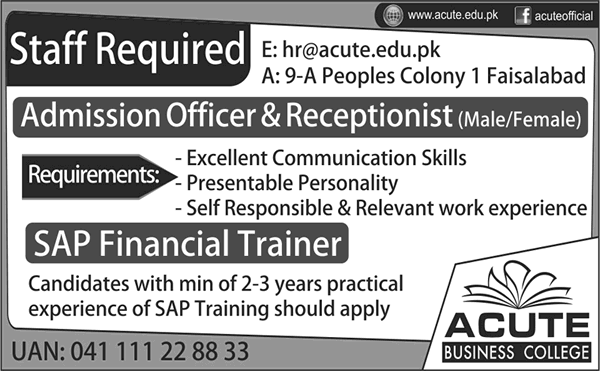 Jobs in Faisalabad for Receptionist, Admission Officer & SAP Financial Trainer 2013 at Acute Business College