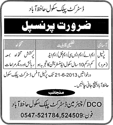Vacancy for Principal at DPS Hafizabad 2013-June-08 Latest Advertisement