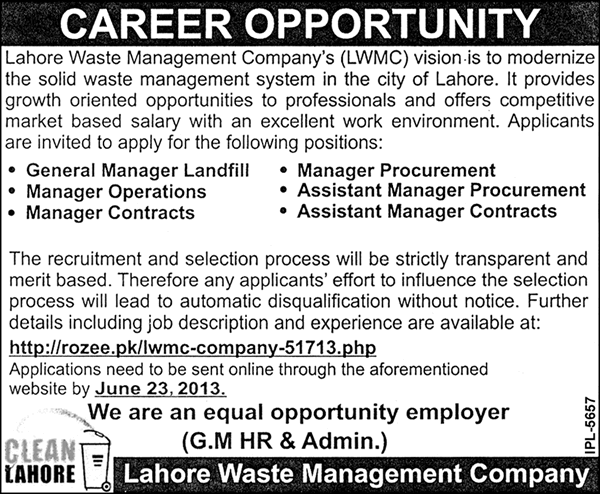 Lahore Waste Management Company Jobs 2013-June-08 Latest Advertisement