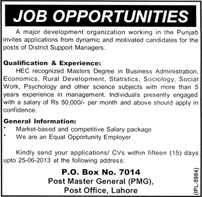 PO Box 7014 Lahore Jobs 2013 June District Support Managers in a Development Organization in Punjab