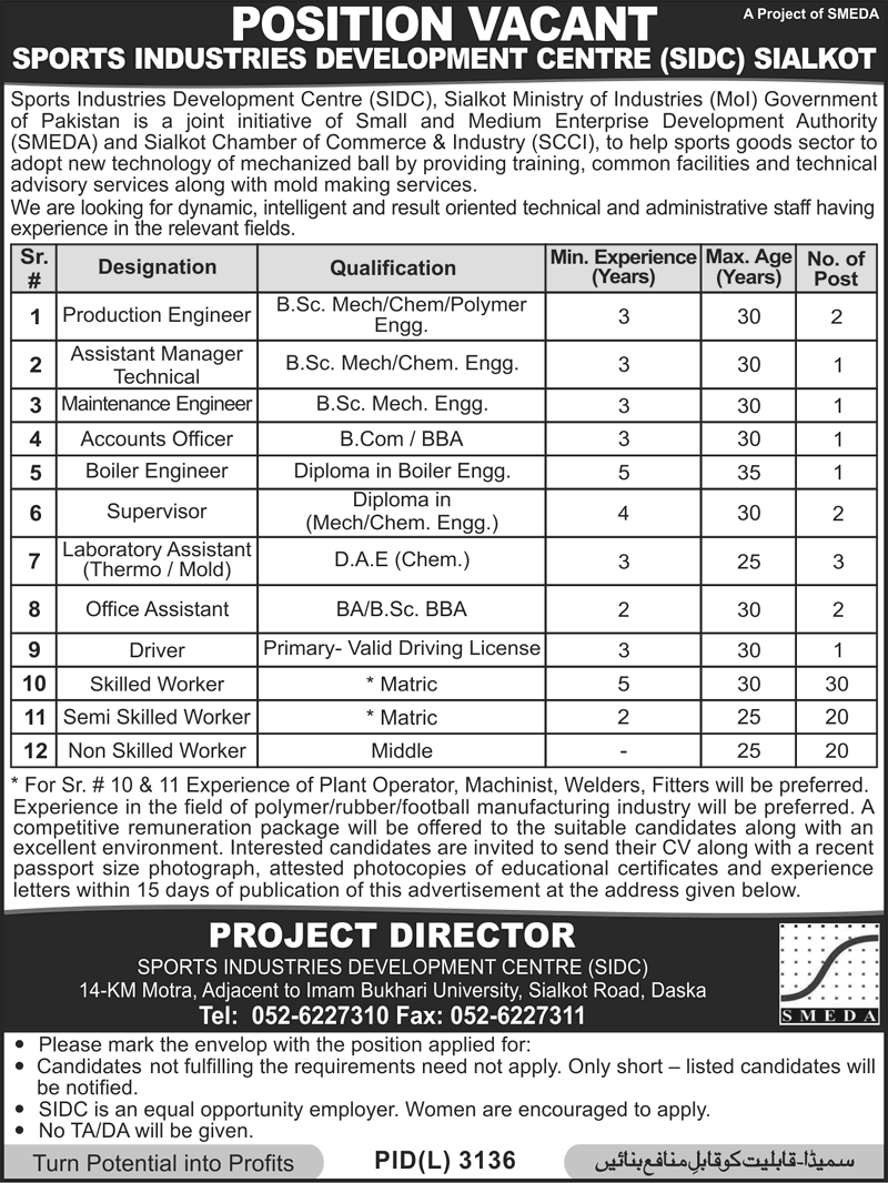 Sports Industries Development Centre Sialkot Jobs 2013-June-16 Nawa-i-Waqt Latest Advertisement