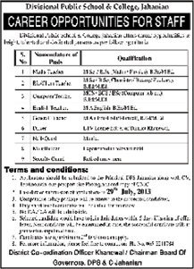 Divisional Public School & College Jahanian Jobs 2013 July for Teachers & Other Staff