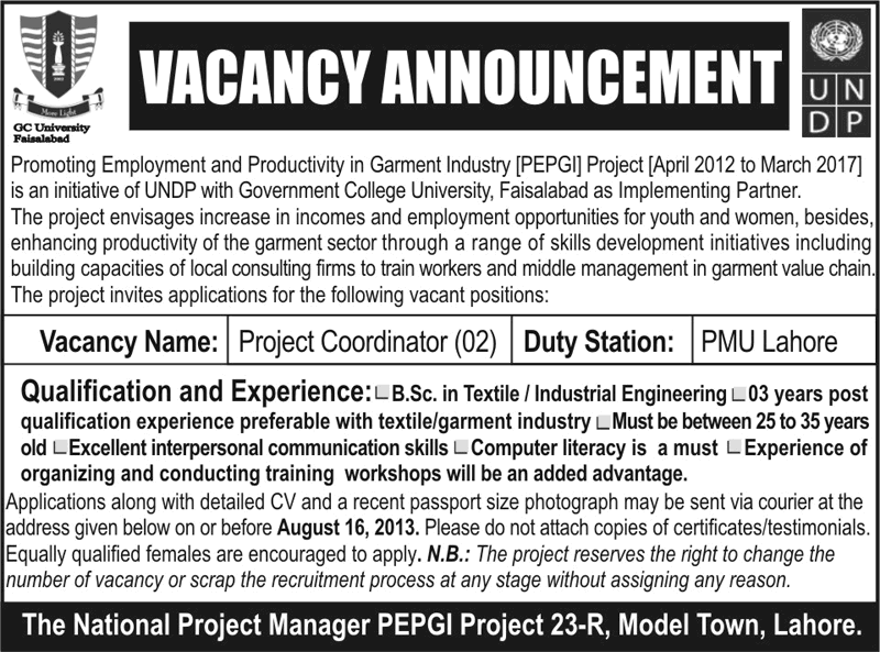 Project Coordinator Jobs in Lahore 2013 August Latest at PEPGI Project of UNDP