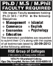 RISE Group of Colleges Multan Jobs 2013 September Teaching Faculty (PhD / MS / M.Phil.)
