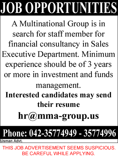Sales Jobs in Lahore Pakistan 2013 September Latest at MMA Group of Companies