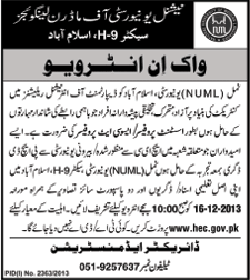 NUML Islamabad Jobs 2013 December for Assistant / Associate Professor