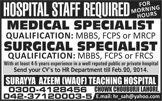 Medical & Surgical Specialists Jobs in Lahore 2014 February at Surayya Azeem Hospital