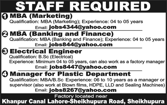 Marketing, Finance, Electrical Engineer & Manager Jobs in Sheikhupura 2014 February in a Factory