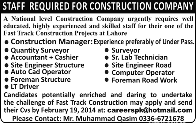 Construction Company Jobs in Lahore 2014 February