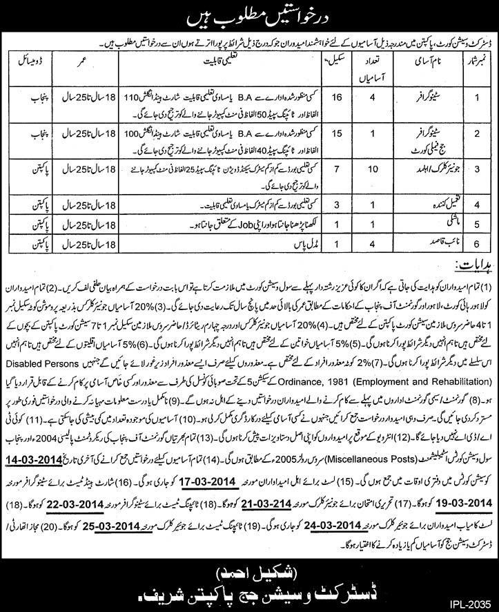 District & Session Court Pakpattan Jobs 2014 February Latest