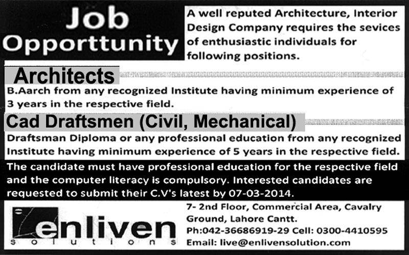 CAD Draftsman & Architect Jobs in Lahore 2014 March at Enliven Solutions