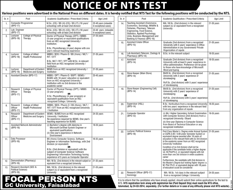 NTS Test GC University Faisalabad Jobs 2014 March Latest Advertisement