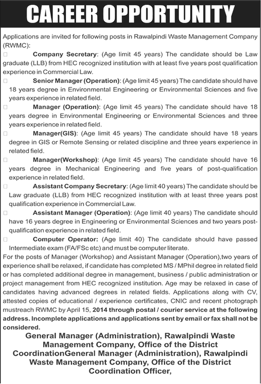Latest Jobs in Rawalpindi Waste Management Company 2014 April