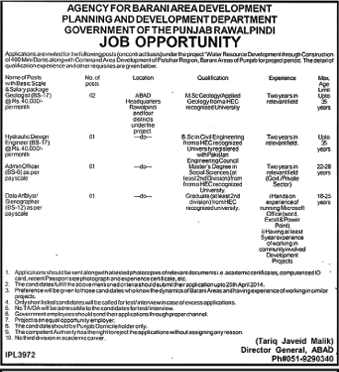 Agency for Barani Area Development Jobs 2014 April P&D Department Punjab