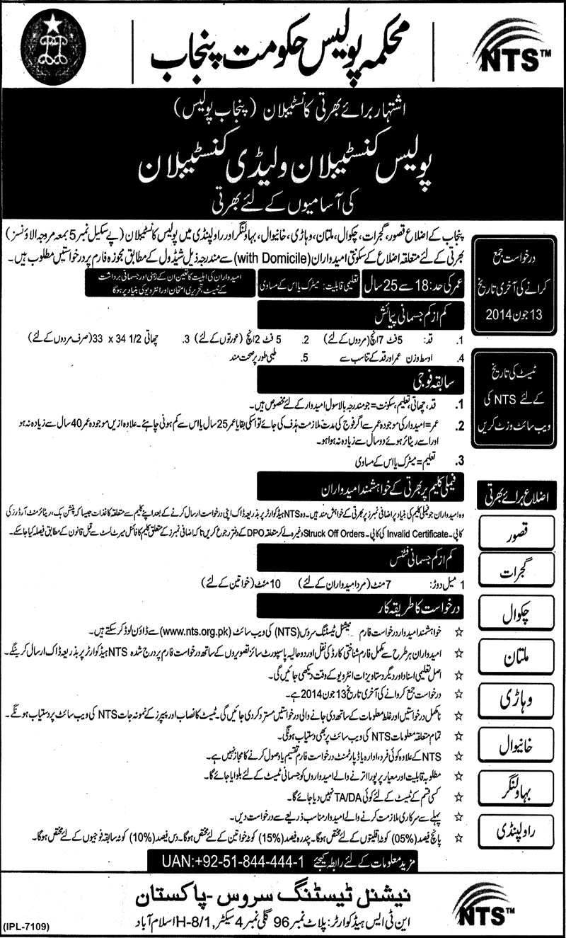 NTS Punjab Police Jobs 2014 May / June for Police Constables & Lady Constables