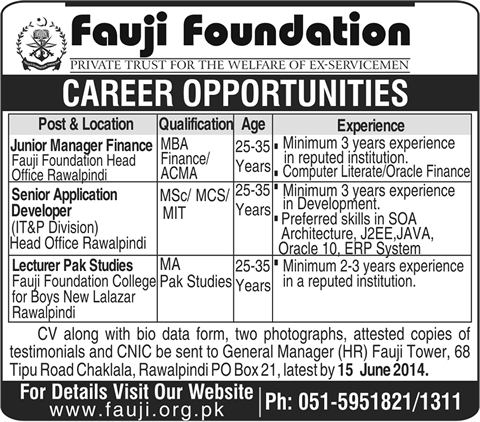 Fauji Foundation Jobs 2014 June for Manager Finance, Application Developer & Lecturer Pak Studies