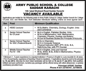 Teaching Jobs in Karachi 2014 June at Army Public School and College Saddar