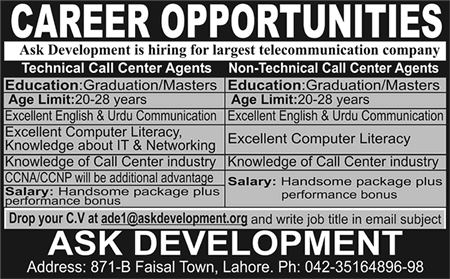 Ask Development  Lahore Jobs 2014 June Technical & Non-Technical Call Center Agents